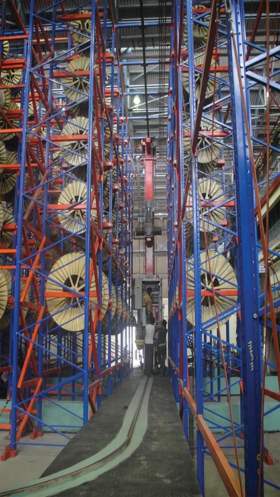 Robotic automated storage retrieval system used for high-density storage in distribution centers.