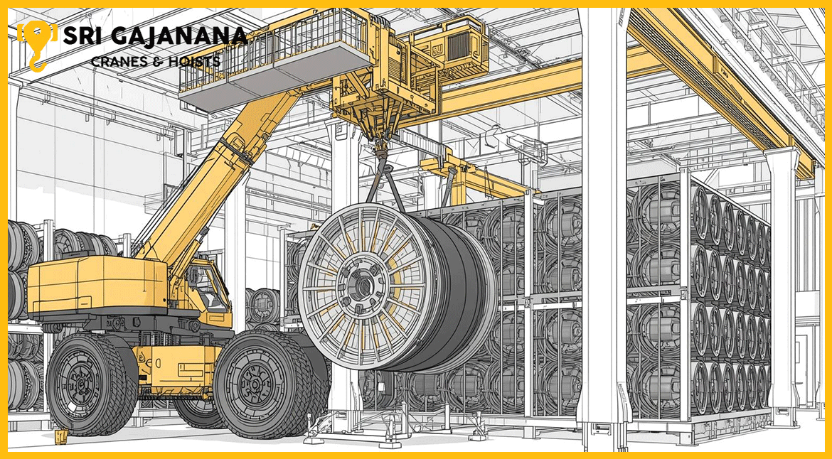 Industrial cable drum storage system for safe cable handling by Sri Gajanana Cranes in Hyderabad, India, and Dubai