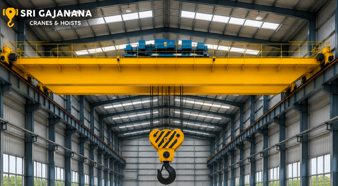 Double Girder Overhead Travelling Crane inside industrial warehouse by Sri Gajanana Cranes & Hoists Hyderabad India
