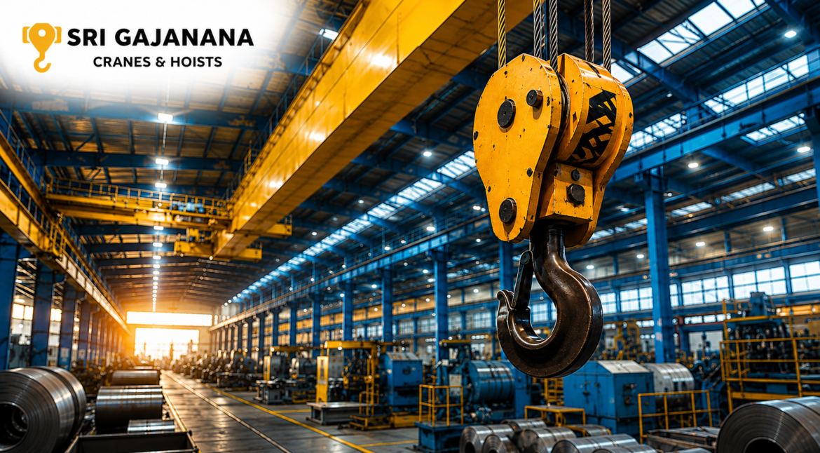 Heavy Duty Crane Maintenance: Best Practices Guide 1 Heavy duty crane maintenance equipment with industrial overhead crane hook at Sri Gajanana Cranes & Hoists manufacturing facility in India.