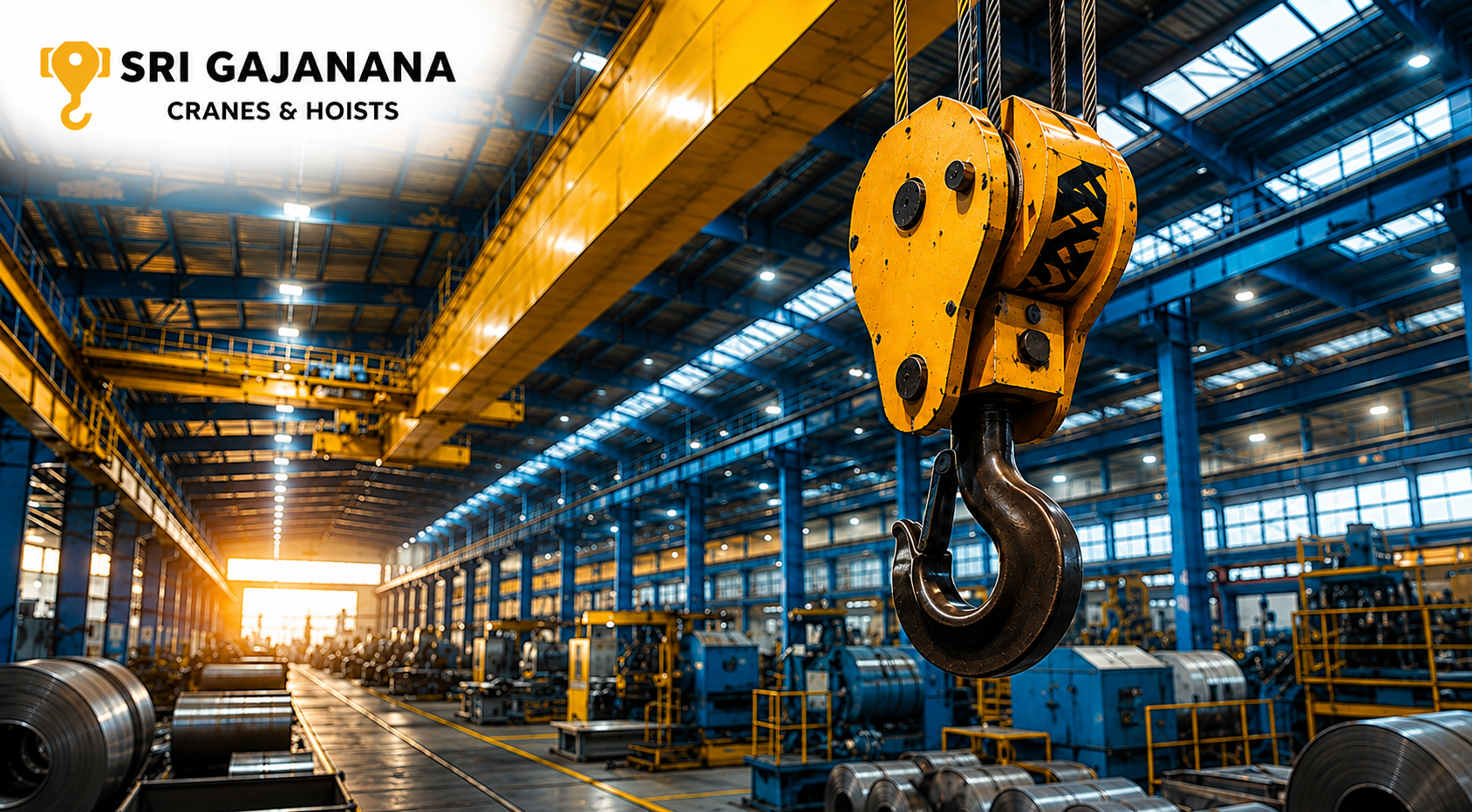 Heavy duty crane maintenance equipment with industrial overhead crane hook at Sri Gajanana Cranes & Hoists manufacturing facility in India.