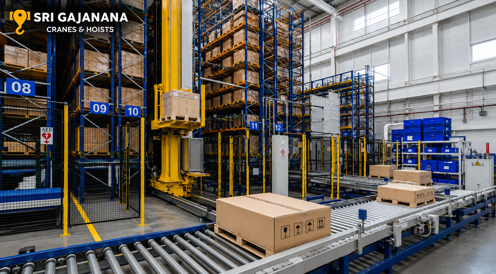 Warehouse Automation Solutions in Hyderabad with automated storage systems, conveyor belts, and material handling equipment by Sri Gajanana Cranes