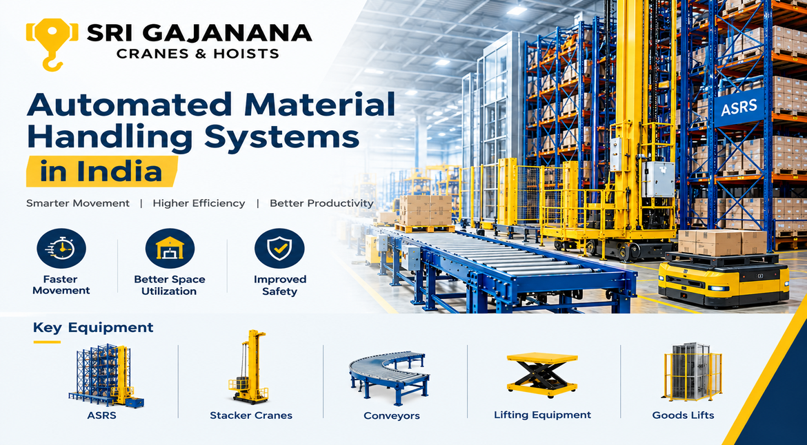 Automated Material Handling Systems in India featuring ASRS, stacker cranes, conveyors, lifting equipment, and goods lifts.